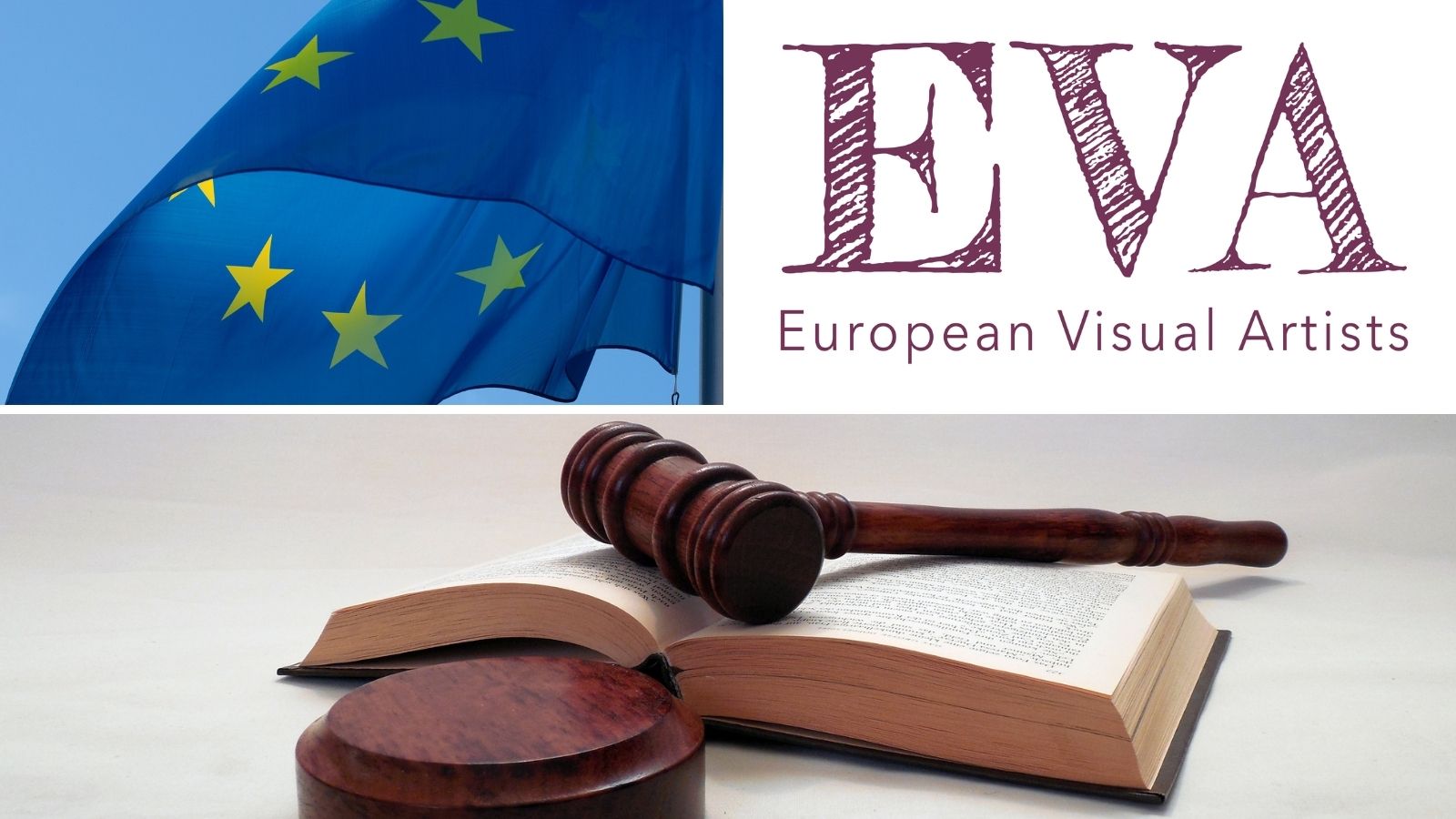 Euroopan unionin lippu, järjestön logo sekä tuomarin nuija ja lakikirja