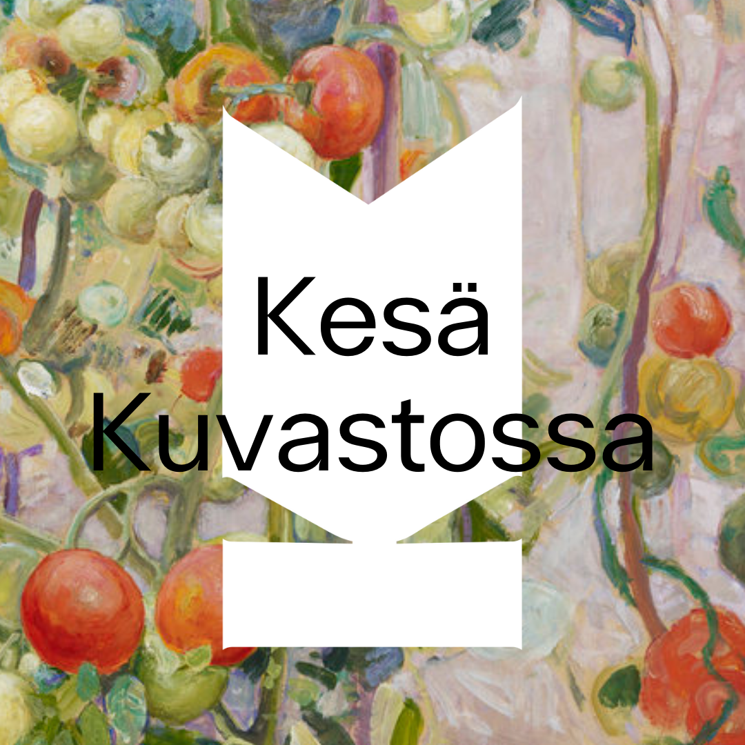 Kuvassa taustalla yksityiskohta Pekka Halosen maalauksesta Tomaatteja ja päällä teksti "Kesä Kuvastossa".
