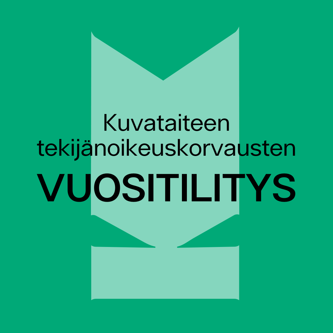 Kuvassa otsikko Kuvaston tunnuksen päällä: "Kuvataiteen tekijänoikeuskorvausten vuositilitys".