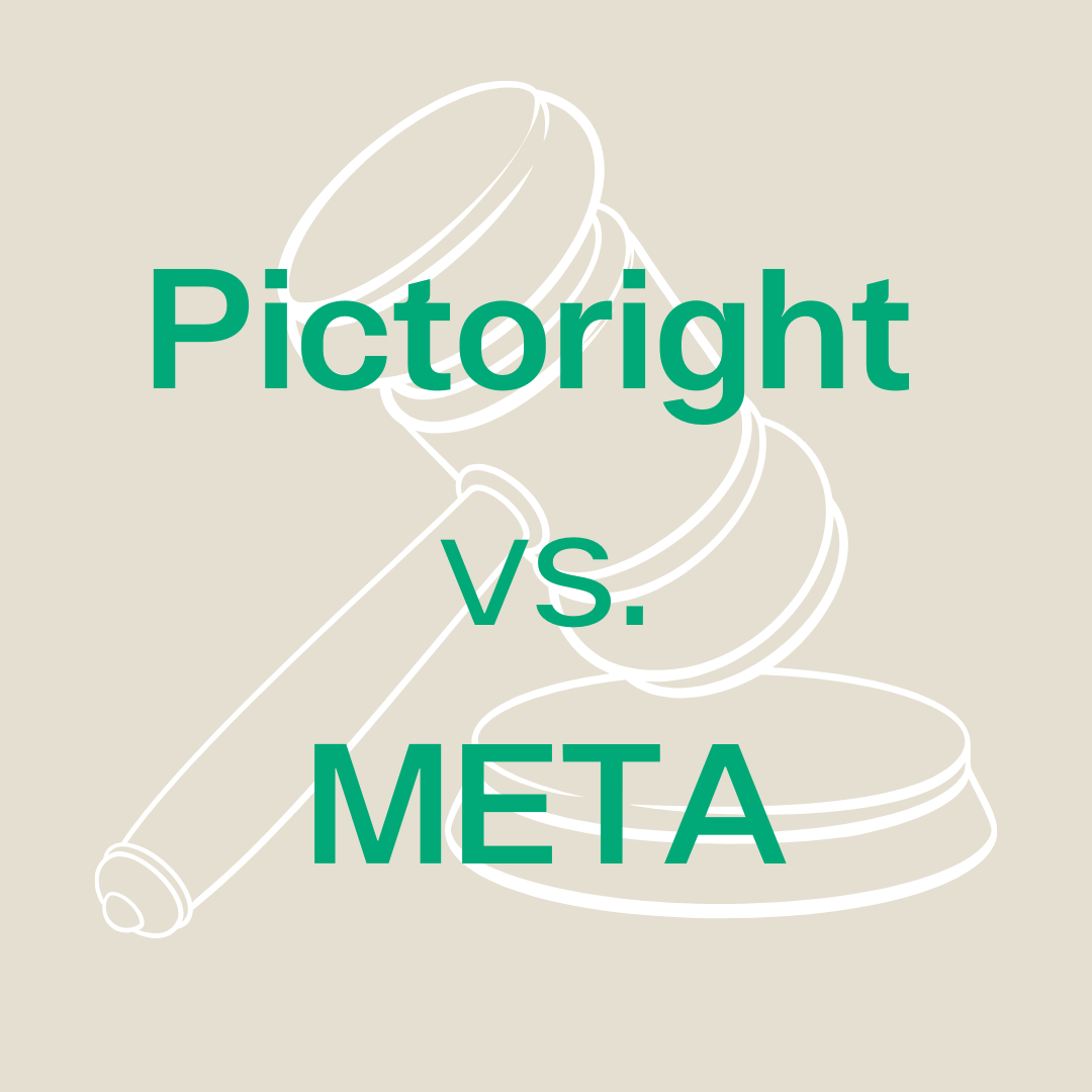 Kuvassa oikeutta representoiva nuijasymboli taustalla ja päällä teksti: "Pictoright vs. Meta".