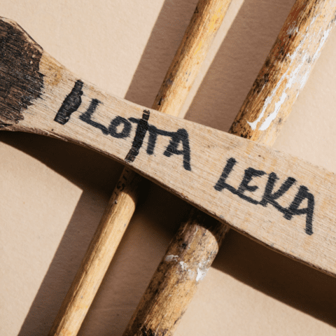 Kuvassa lähikuva kuvataiteilijan työvälineistä, pensseleistä, joista yhdessä lukee isoilla kirjaimilla taiteilijan nimi: "Lotta Leka".