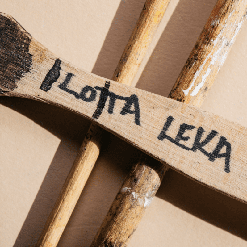 Kuvassa lähikuva kuvataiteilijan työvälineistä, pensseleistä, joista yhdessä lukee isoilla kirjaimilla taiteilijan nimi: "Lotta Leka".