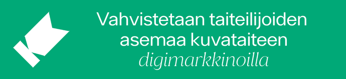 Kuvassa Kuvaston tunnus ja teksti:" Vahvistetaan taiteilijoiden asemaa kuvataiteen digimarkkinoilla".